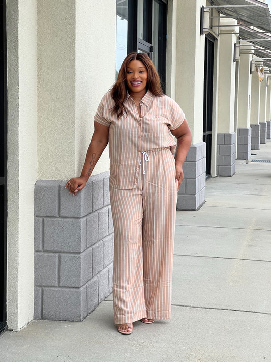 Stripe Button Down Set Plus (Tan)