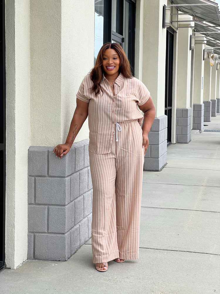 Stripe Button Down Set Plus (Tan)