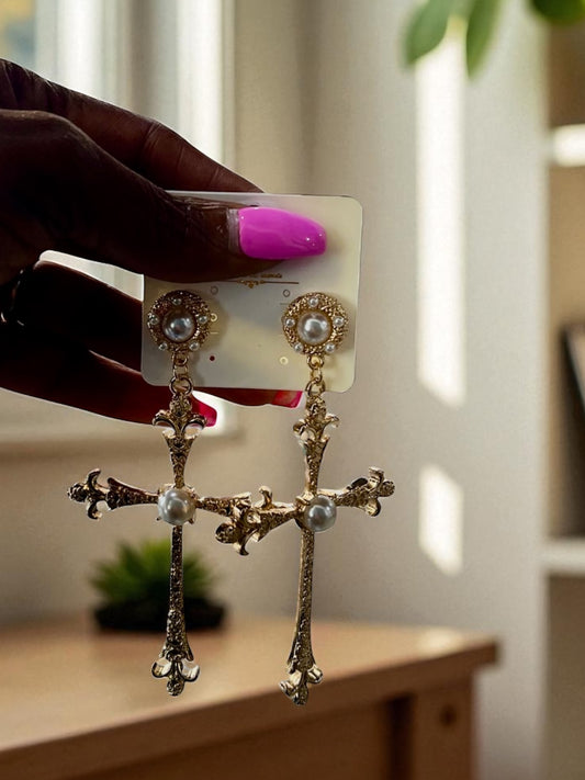 Vintage Cross Pearl Earrings