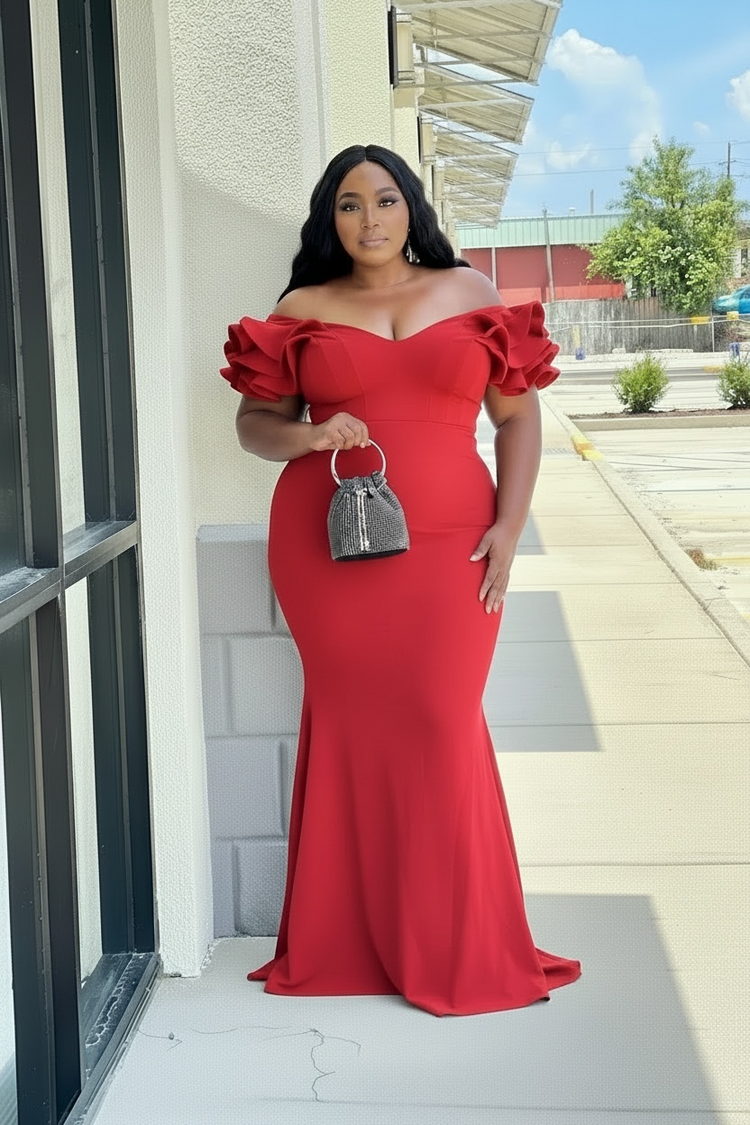 Ruffle My Shoulder Gown Plus-Red