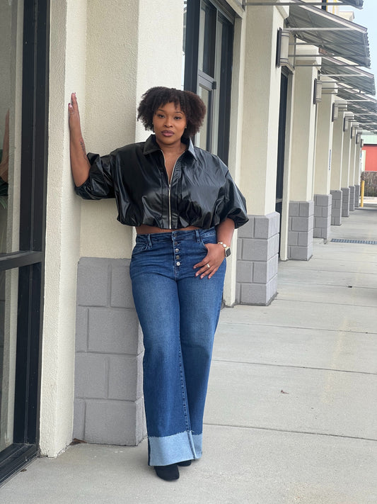 Faux Leather Bubble Top-Black