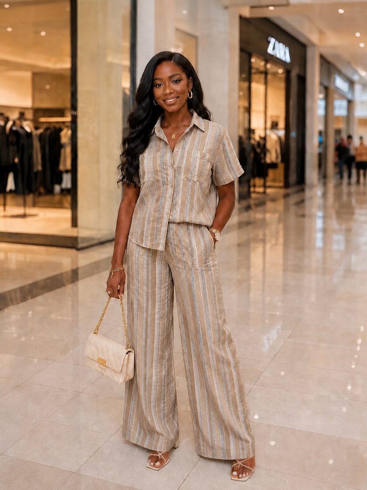Linen Stripe Casual Set-Taupe