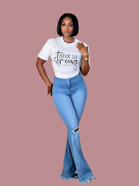 New Bell Bottom Distressed Hem Jeans-Light Blue