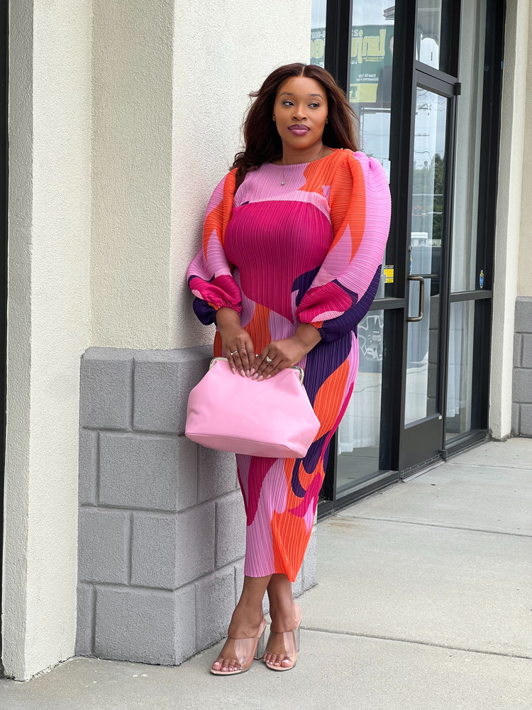 Multi Pleated Midi Dress (Pink)
