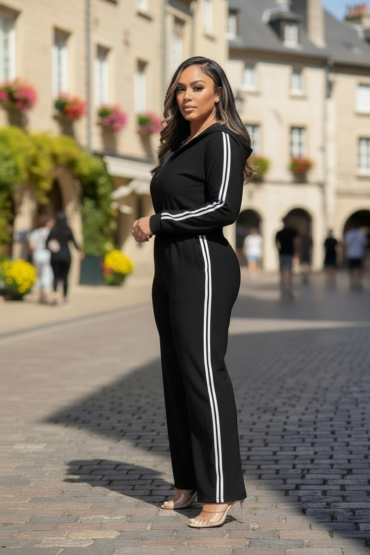 Zip-up Hooded Jumpsuit-Black