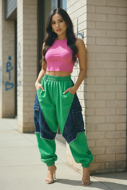 New Blocked Harem Jeans-Green