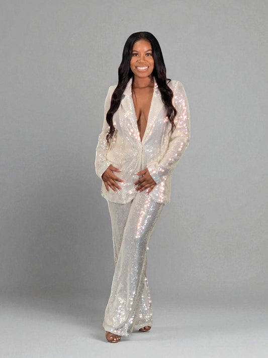 White Elegant Holiday Sequin Suit Set