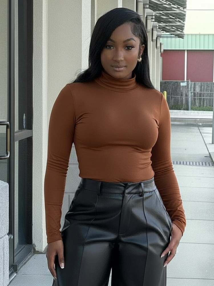 Chic Soft Turtleneck Top-Chocolate Brown