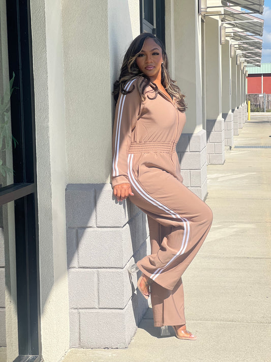 Zip-up Hooded Jumpsuit-Taupe