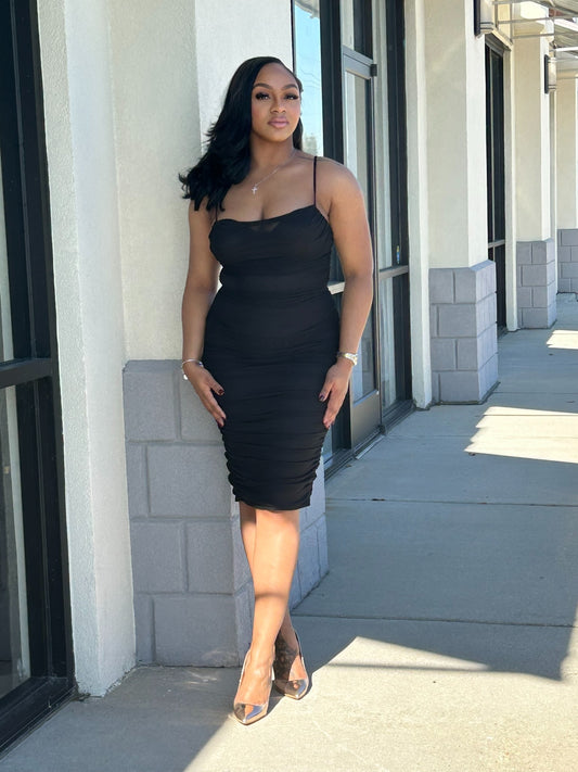 Mesh Ruch Dress-Black