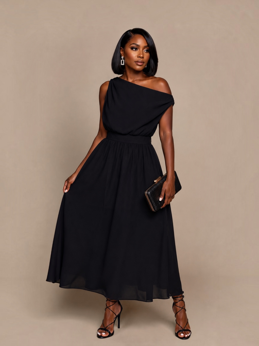 Black One Slant Shoulder Dress