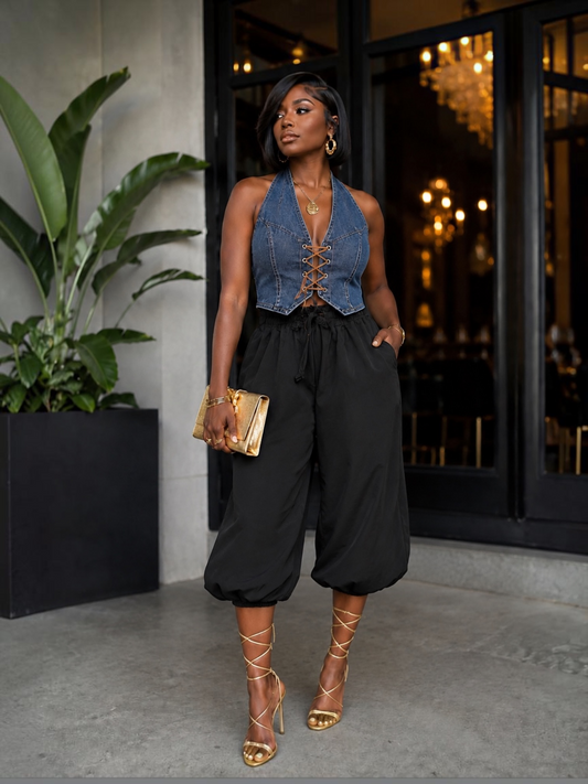 Pouch Jogger Crop Pants-Black