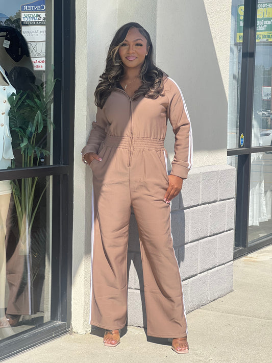 Zip-up Hooded Jumpsuit-Taupe