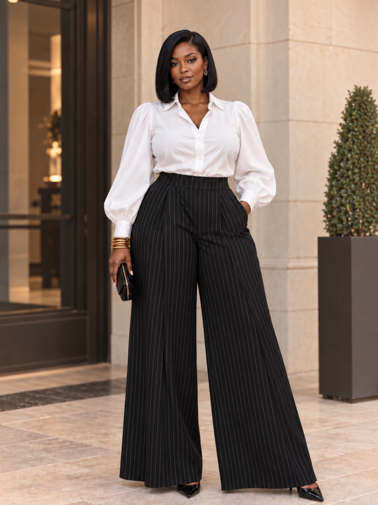 Pinstripe Office Pants-Black
