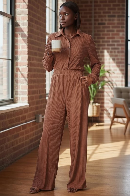 New Solid Crinkle Jumpsuit-Brown