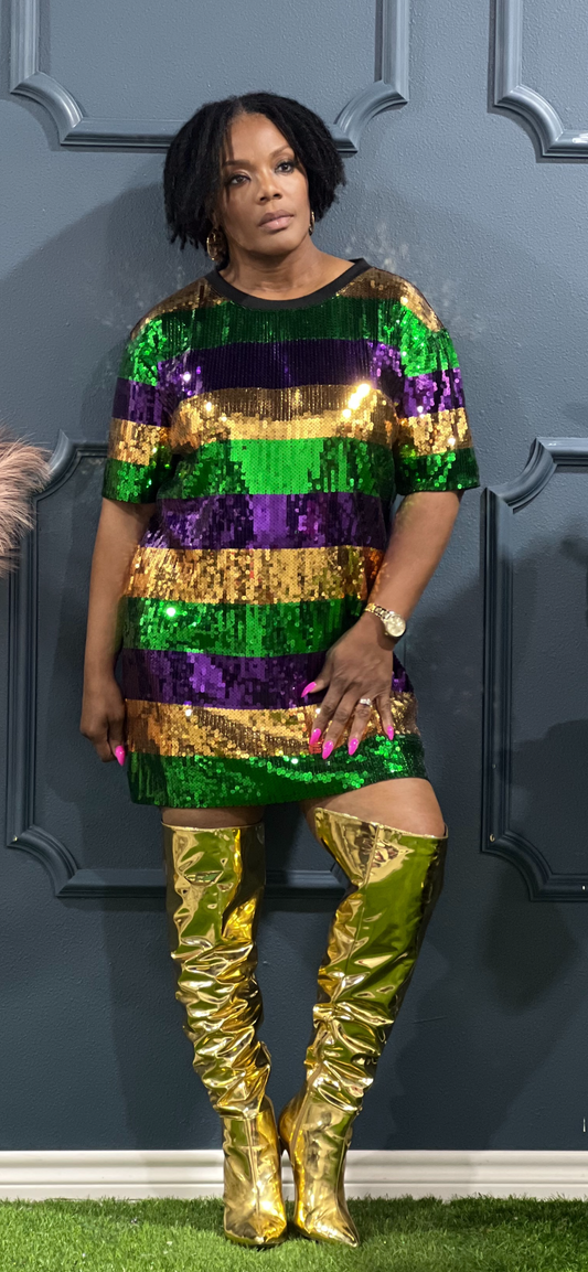 Mardi Gras Stripe Sequin Shirt Dress