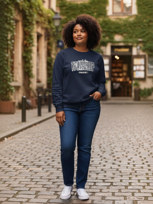 Made to Worship Psalm 95:1 Patch Sweatshirt-Navy Blue