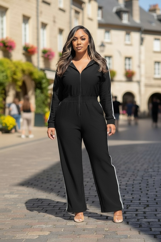 Zip-up Hooded Jumpsuit-Black