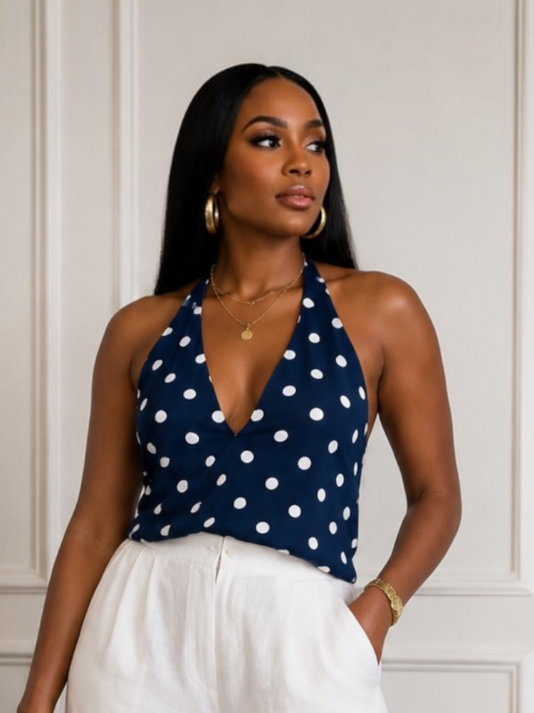 Navy Polka Dot Halter Top