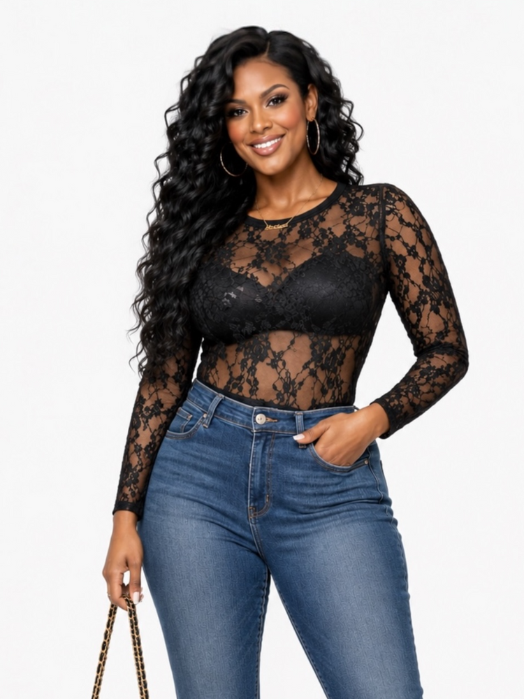 Lace Fitted Top Reg/Plus (Black)
