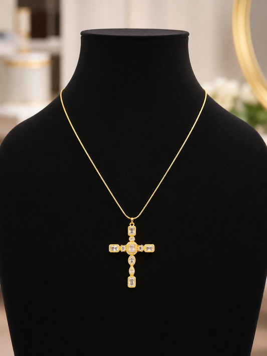 Clear/Gold Cross Necklace Alc