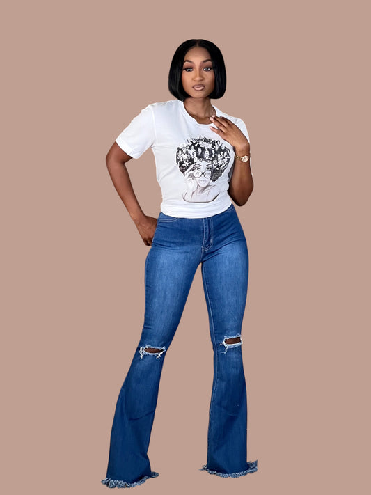 New Bell Bottom Distressed Hem Jeans-Medium Blue