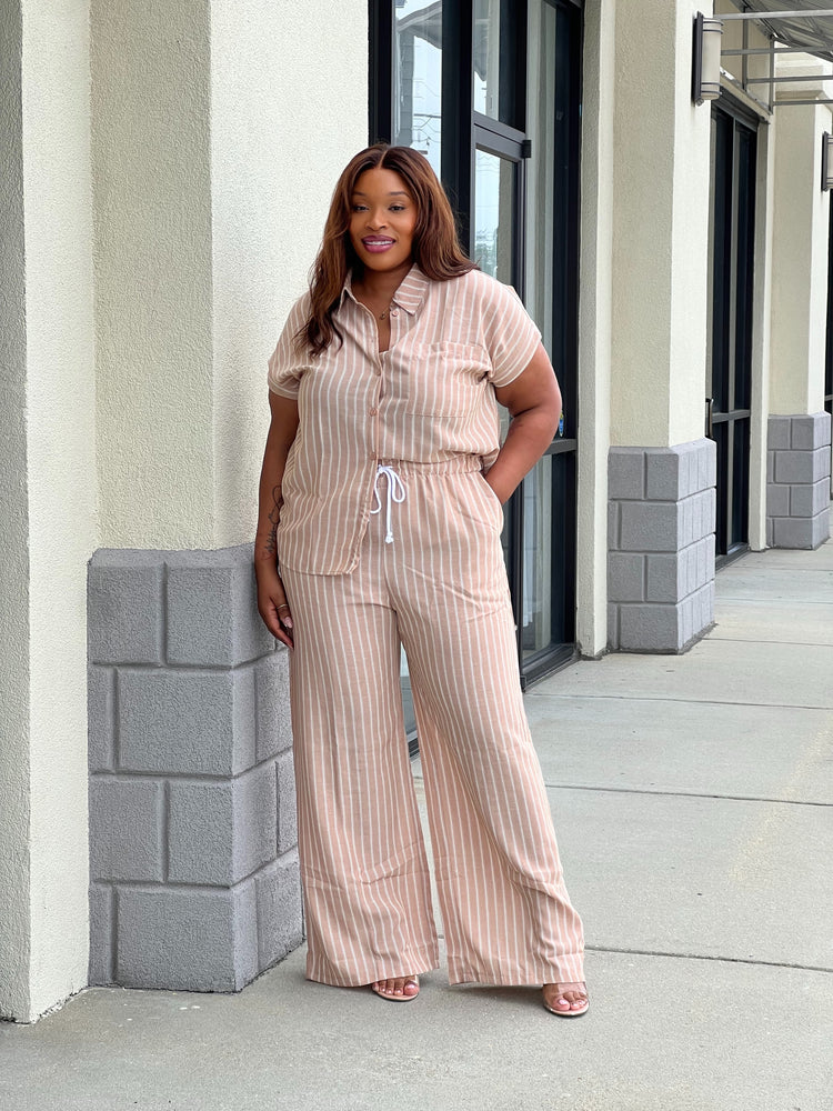 Stripe Button Down Set Plus (Tan)