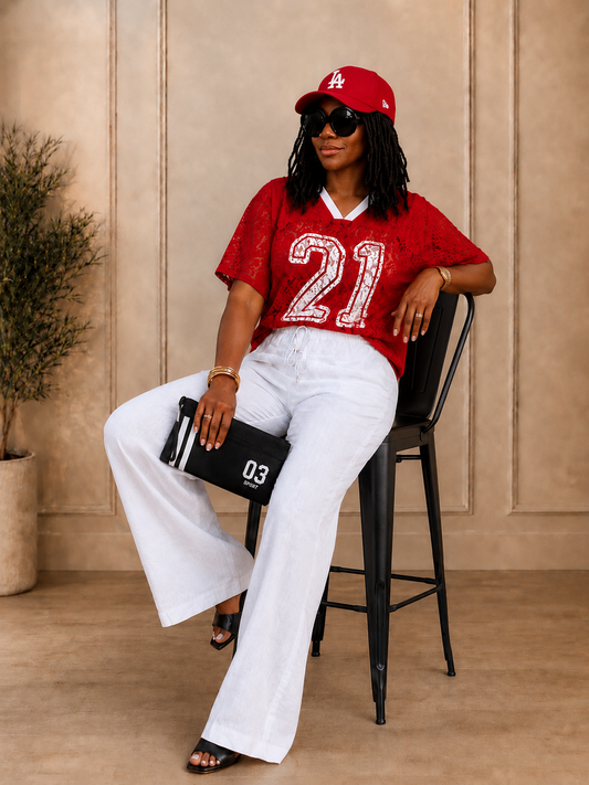 Sheer Laced Jersey Shirt-Red