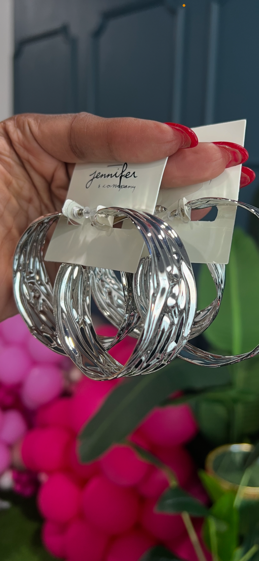 Large Crinkle Hoop Earrings-Silver