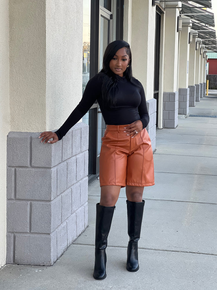 Cognac Solid Faux Leather Jorts (Shorts)