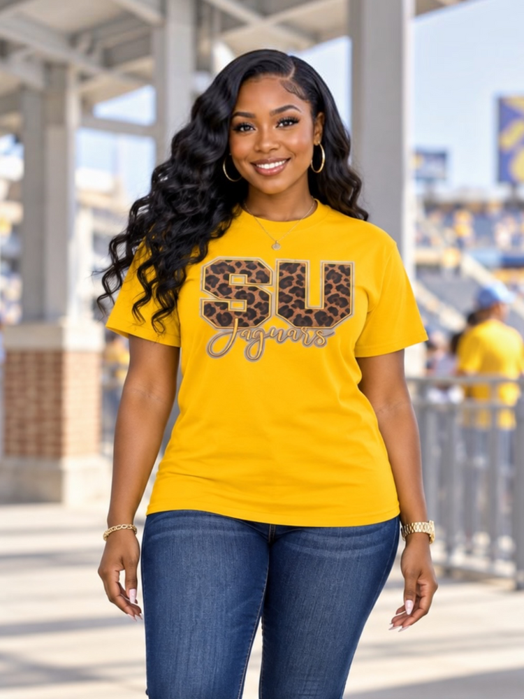 SU Jaguars Leopard Print Tee Shirt-Gold