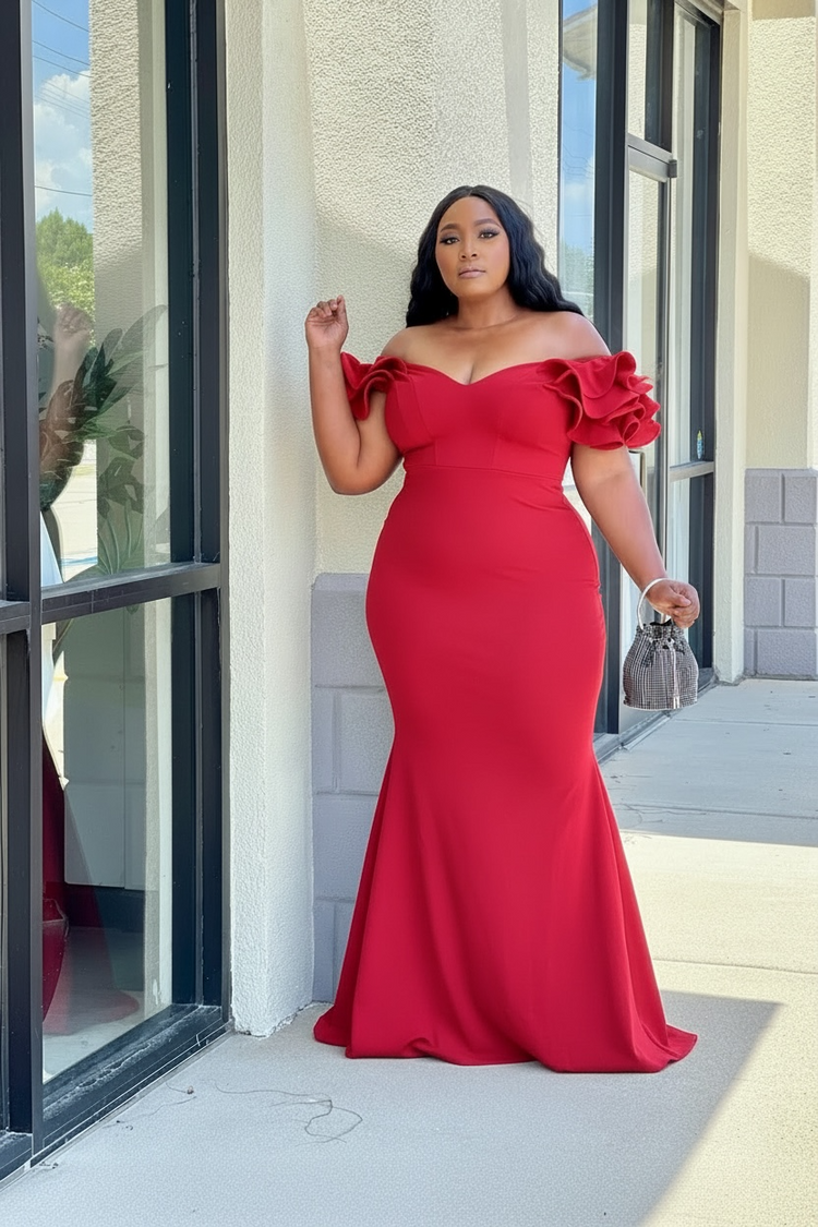 Ruffle My Shoulder Gown Plus-Red