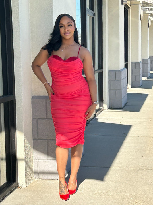 Mesh Ruch Dress-Tangerine