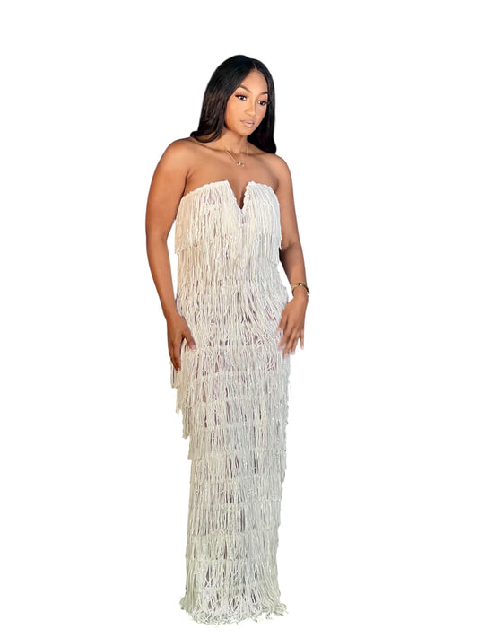 Elegant Sequin Tassel Maxi Dress White