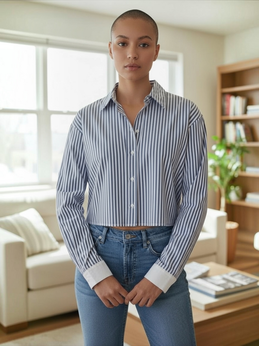 Stripe Print Crop Shirt-Blaskish