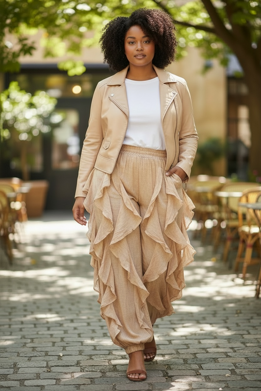 Ruffle Organza Jogger Pants Reg/Plus (Beige)