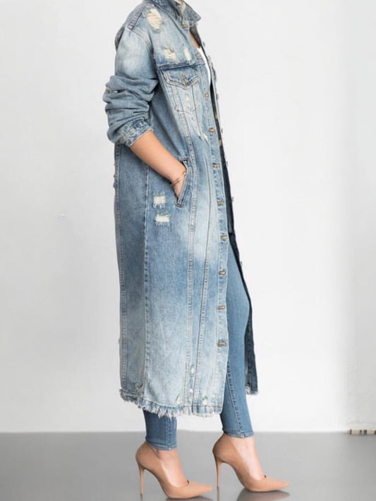 Long Denim Distressed Jacket Coat Reg/Plus (Online only, allow 24hrs)