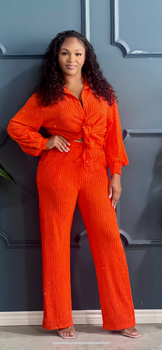 Casual Crinkle Lady Set-Orange