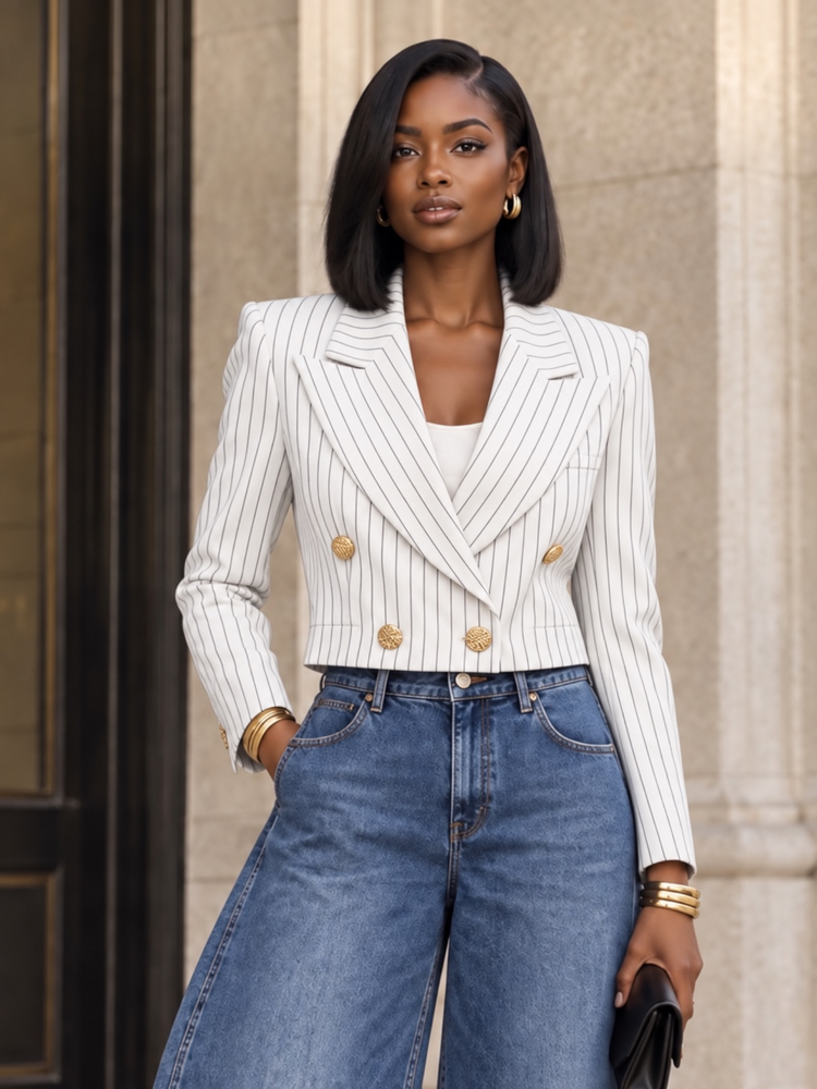Pinstripe Cropped Office Blazer-White