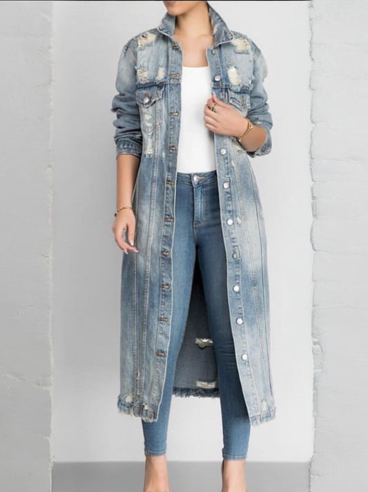 Long Denim Distressed Jacket Coat Reg/Plus (Online only, allow 24hrs)