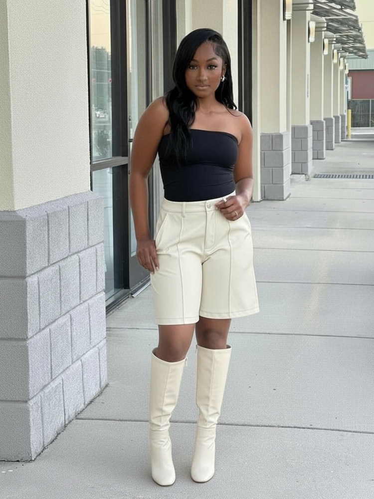 Solid Faux Leather Jorts (Ivory)