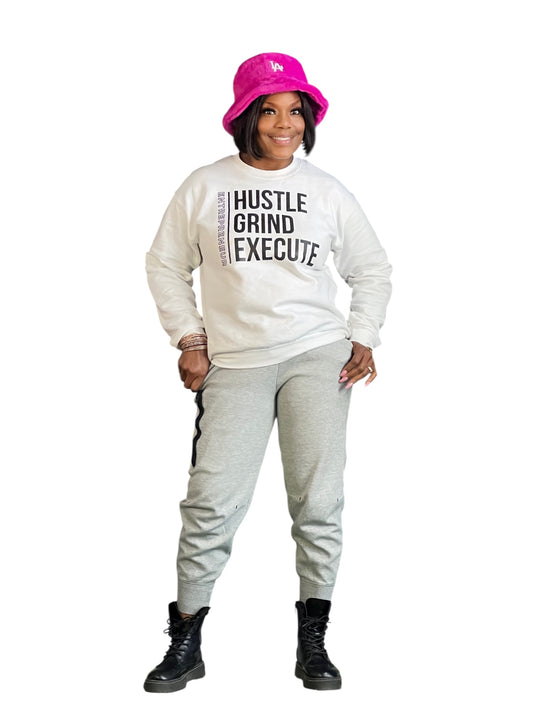 White Hustle Grind Execute Entrepreneur Sweatshirt (Online only)
