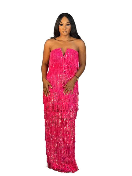 Elegant Sequin Tassel Maxi Dress (Neon Pink)
