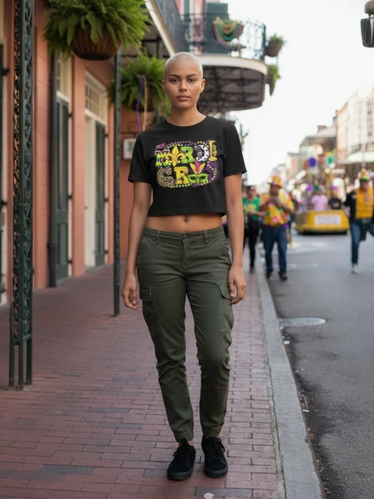 Hot Girl Mardi Gras Crop Top-Black
