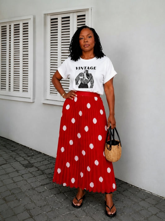 Polka Dot Pleated Maxi Skirt (Dk Red)