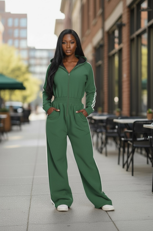 Zip-up Hooded Jumpsuit-Green