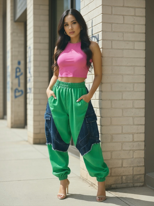 New Blocked Harem Jeans-Green