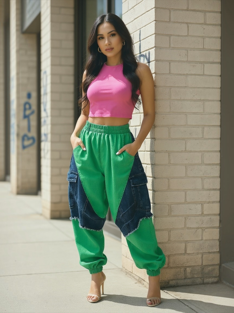 New Blocked Harem Jeans-Green