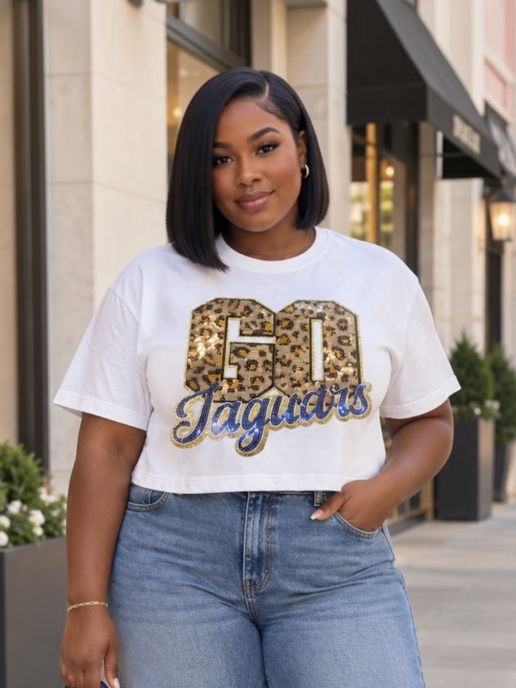 White Go Jaguars Sequin Patch Crop Tee Shirt