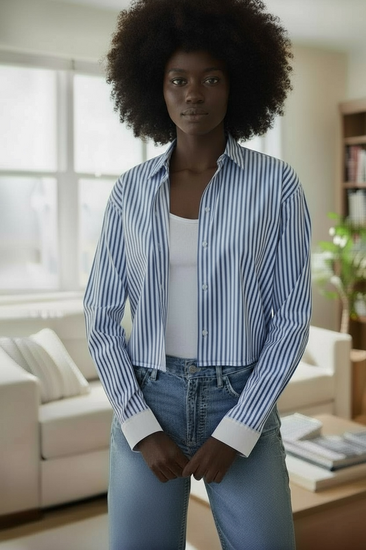 Stripe Print Crop Shirt-Blue